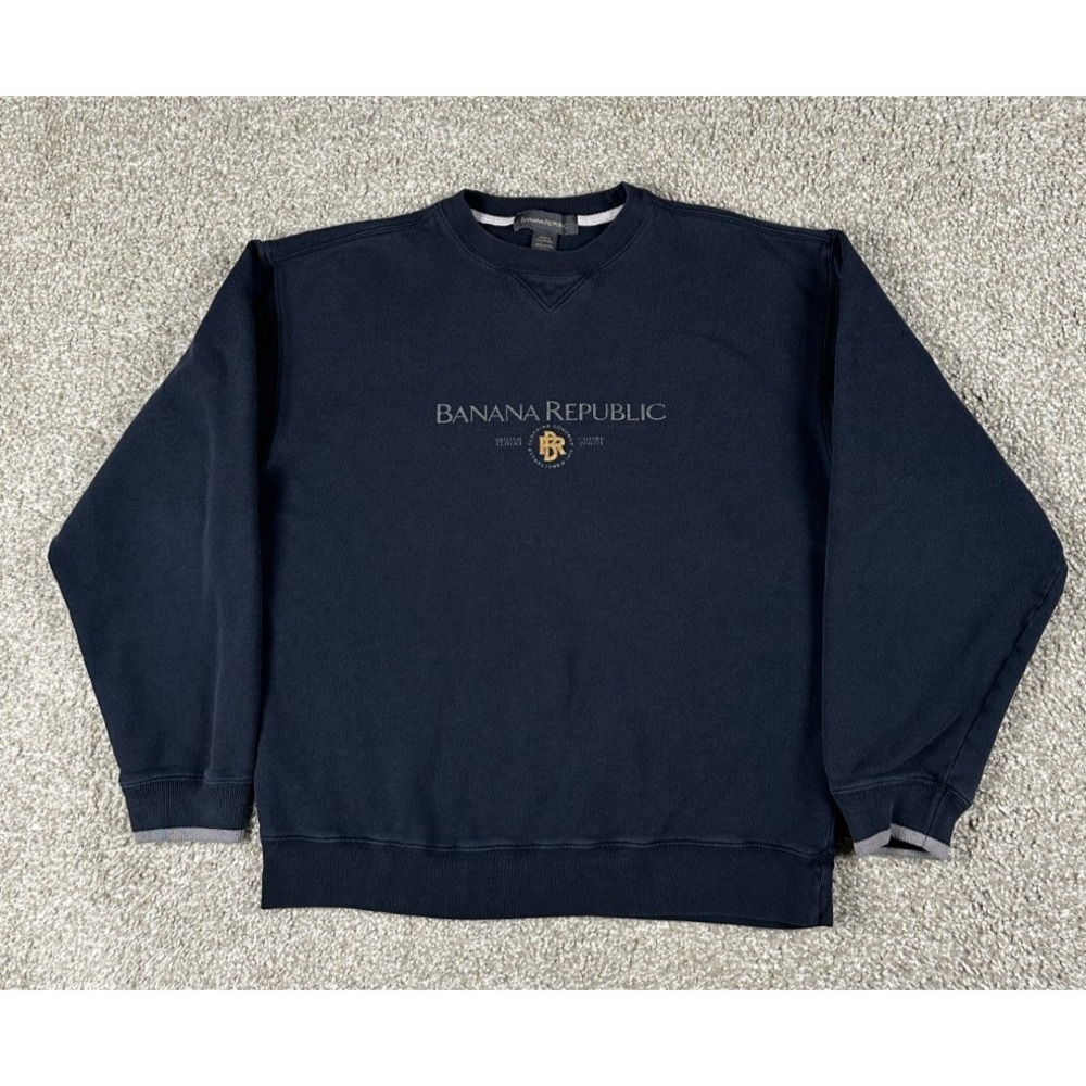 Vintage Banana Republic Sweatshirt Mens Medium Blue Crewneck Logo Pullover 90s